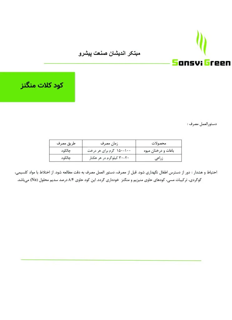 جدول مصرف کود کلات منگنز