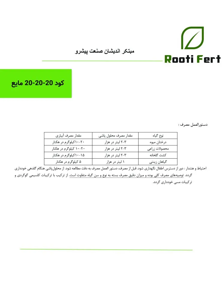 جدول مصرف کود سه بیست مایع