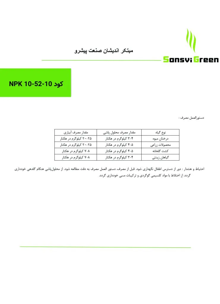 جدول مصرف کود کامل 10-52-10