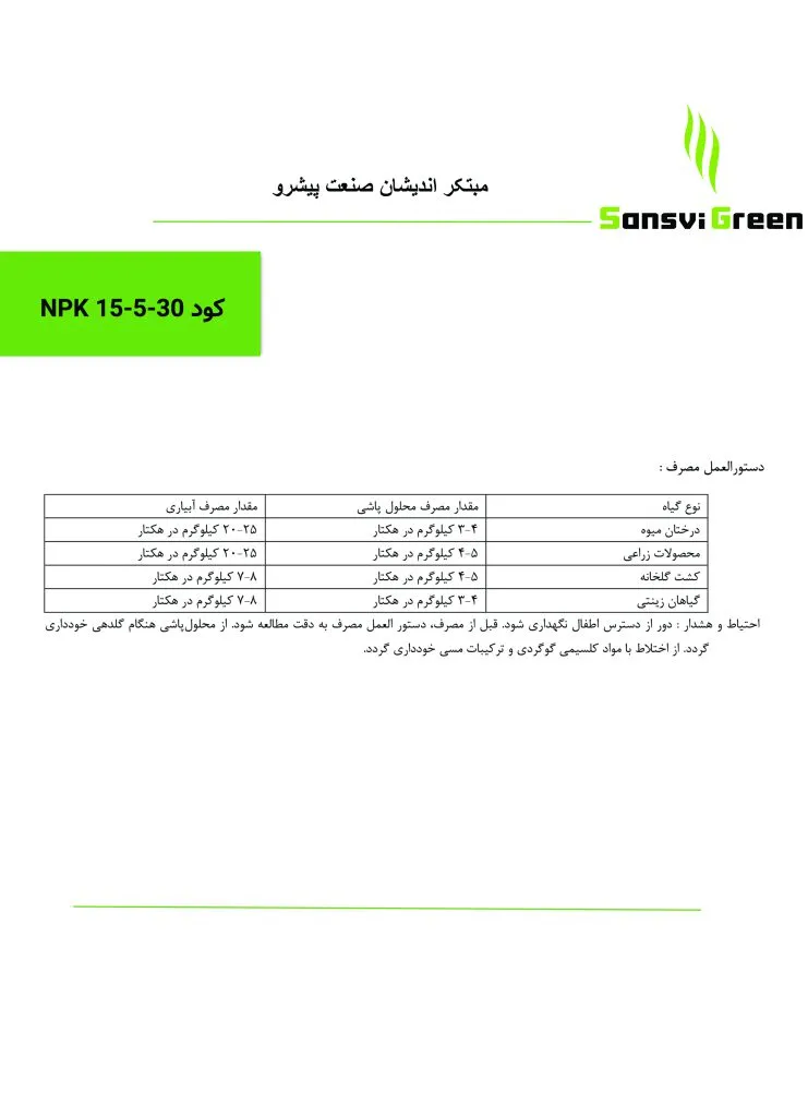 جدول مصرف کود کامل 30-5-15